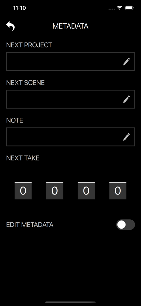 TASCAM RECORDER CONNECT - Metadata input screen in the TASCAM RECORDER CONNECT app for project scene and take management
