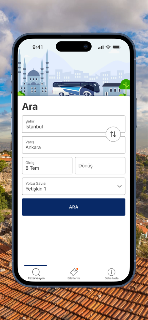 Kâmil Koç Mobil - Interfaz de la aplicación Kamil Koc para buscar billetes de autobús entre Estambul y Ankara