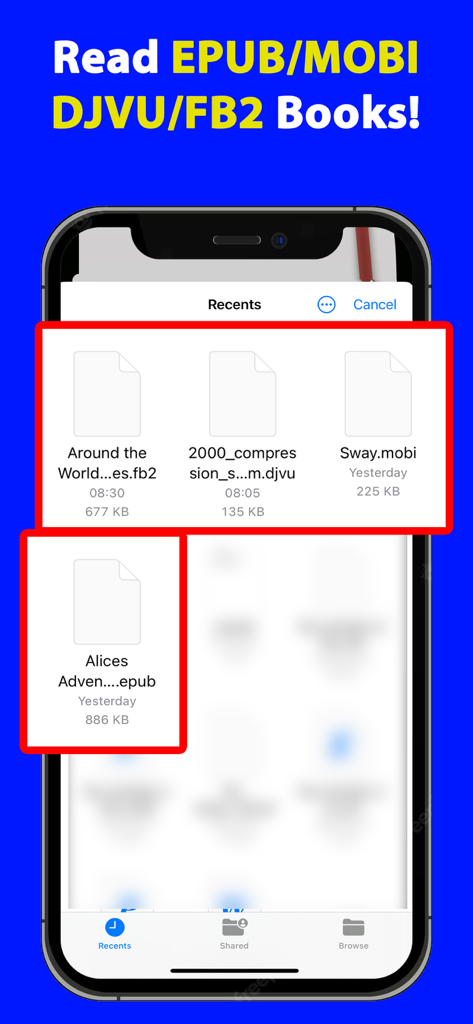 MOBI EPUB FB2 DJVU Reader Book - Um iPhone exibindo a visualização da biblioteca da aplicação leitora de ebooks MOBI EPUB FB2 com vários ficheiros de ebooks