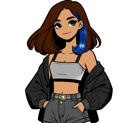 a realistic girl with a crop top and short shorts in an open jacket