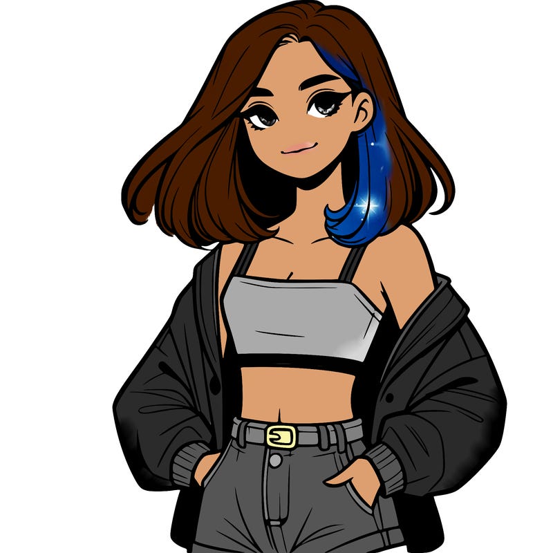 a realistic girl with a crop top and short shorts in an open jacket