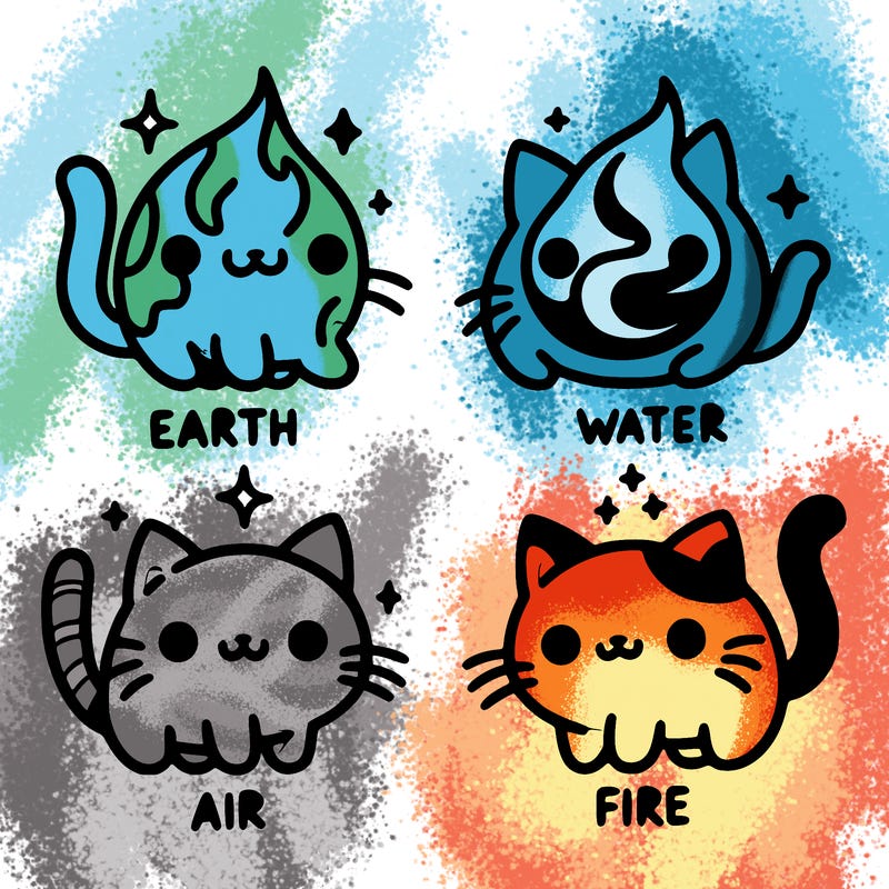 4 cats that represent the different elements, earth, water, air, and fire