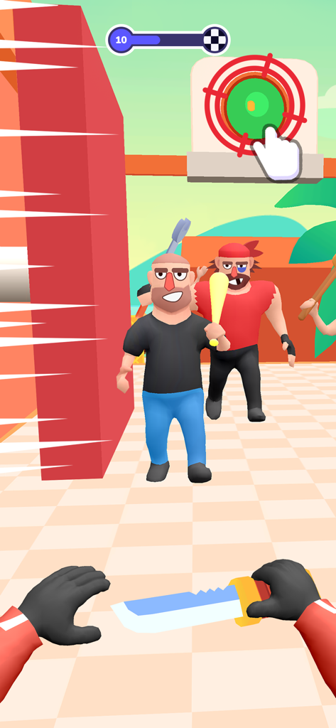 Vista en primera persona de un espía apuntando con un cuchillo a enemigos en Hit Master 3D