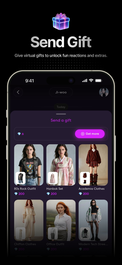2am: Discovery & Chat - A mobile app screen titled Send Gift displaying various virtual outfits for AI chat companions
