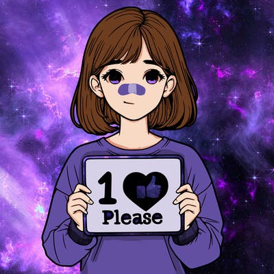 realistic girl holding a sign that says 1 like please