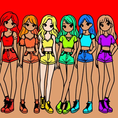 a group of girls wearing crop tops and shorts