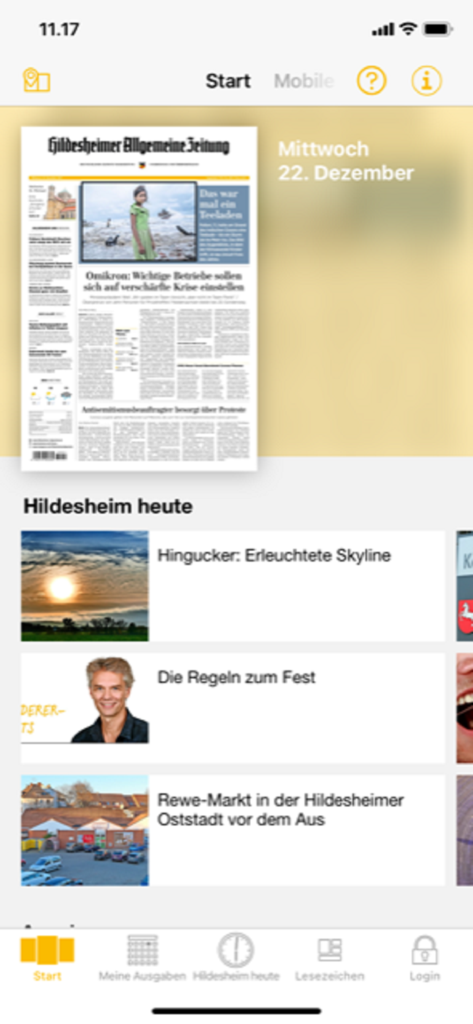 HAZ Digital - Oberfläche der HAZ Digital Zeitungs-App, die die digitale ePaper-Ausgabe und die neuesten lokalen Schlagzeilen aus Hildesheim anzeigt.