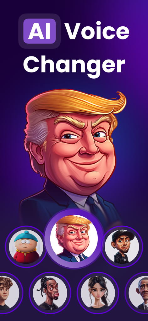 Magic AI Voice Changer - Magic AI Voice Changer app interface showing celebrity caricatures for voice impersonation