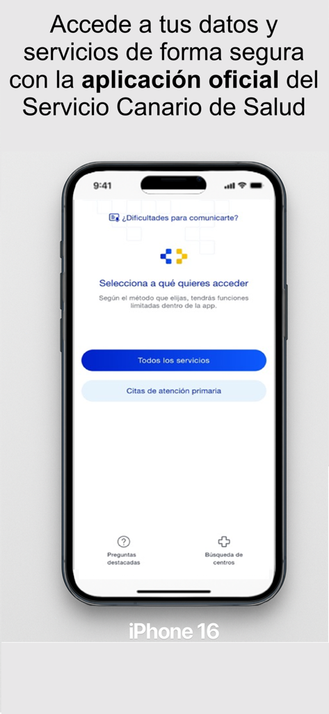 miSCS - Pantalla de la aplicación móvil miSCS en un iPhone 16 mostrando opciones de servicios de salud y citas de atención primaria en español.