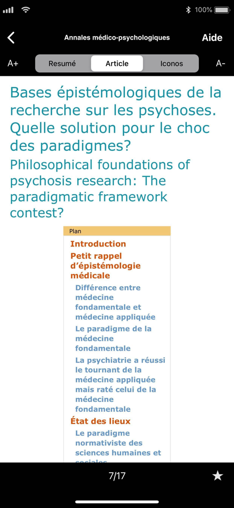 Screenshot of EM Revues app showing a medical article titled Philosophical foundations of psychosis research with its table of contents