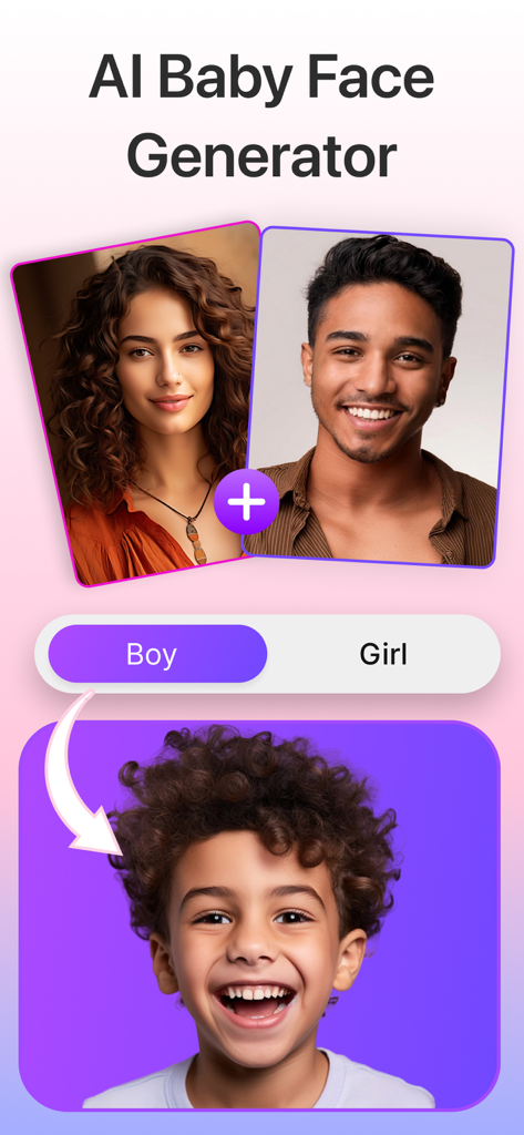 Interface of the AI Baby Generator app showing two parent photos being combined to predict a future baby boy face