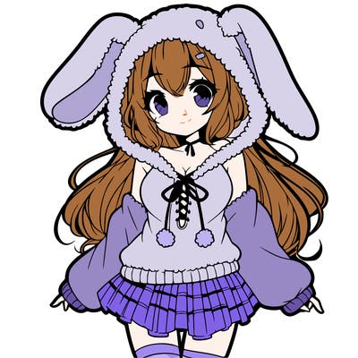 pretty anime girl wearing a fluffy hoodie with bunny ears on the hood and a skirt