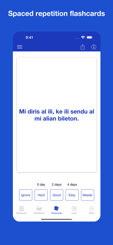 Interfaz de la aplicación Diccionario de Esperanto que muestra tarjetas de memoria espaciadas con botones de selección de dificultad