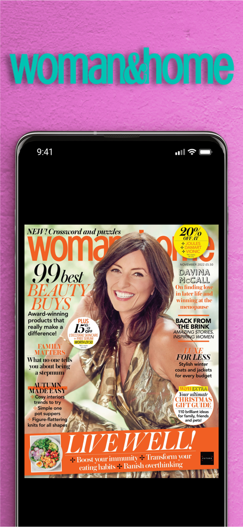 Woman & Home Magazine NA - iPhone screen displaying the cover of Woman and Home magazine featuring Davina McCall and lifestyle topics.