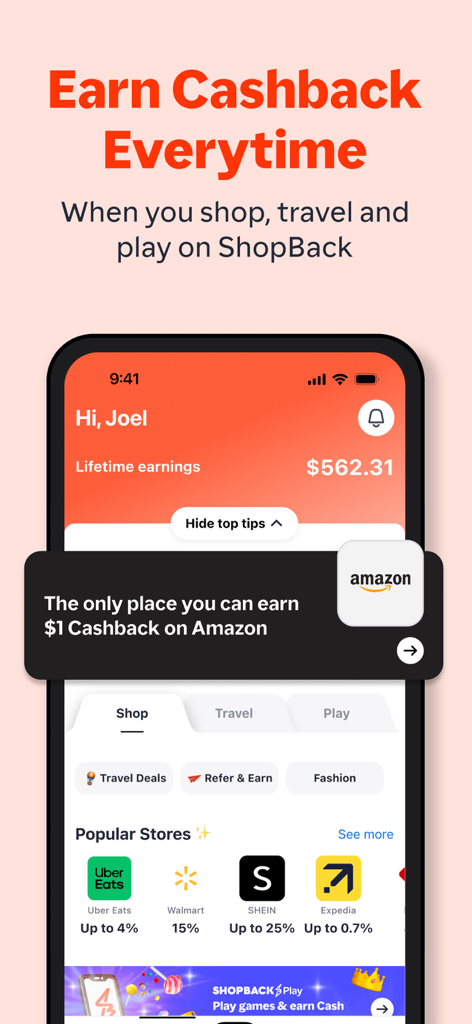 ShopBack mobile app interface showing user earnings and cashback deals from popular retailers like Walmart and Amazon