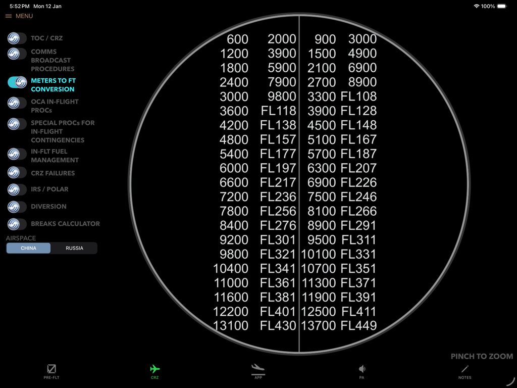 A380 Clipboard - Altitude conversion table from meters to feet in the A380 Clipboard app