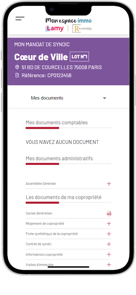 Mon espace immo particuliers - Interface de l'application Mon espace immo affichant les documents de gestion immobilière et les registres de copropriété pour une unité immobilière à Paris.