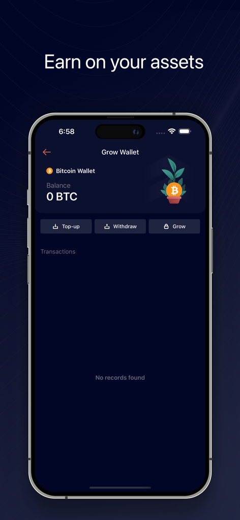 Teroxx - Teroxx App "Grow Wallet"-Bildschirm mit Anzeige eines Bitcoin-Guthabens und Optionen zum Aufladen, Abheben und Wachsenlassen digitaler Vermögenswerte.
