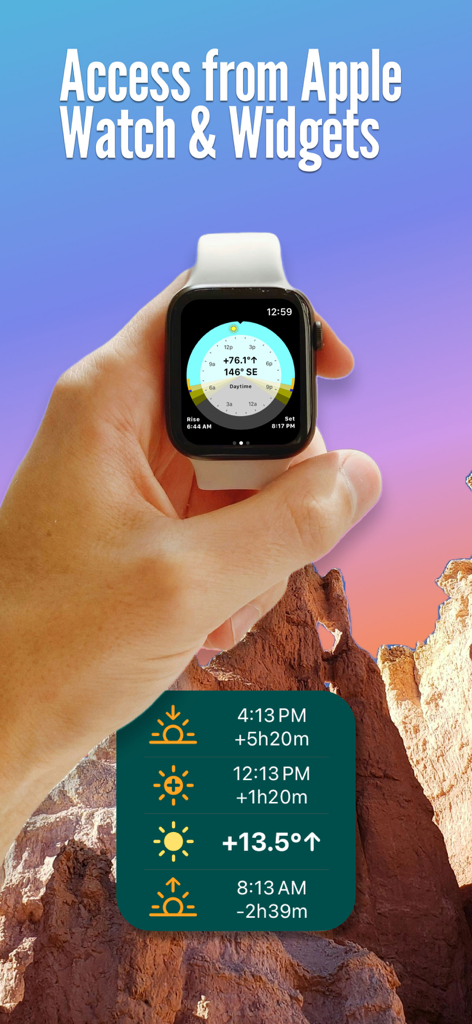 Sun Seeker - Sunlight Tracker - A hand holding an Apple Watch displaying the Sun Seeker app next to an iOS solar tracker widget over a desert landscape.
