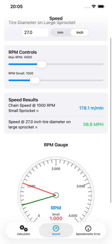 Chain & Sprocket Calculator - Chain and sprocket calculator app interface showing speed results and an RPM gauge.