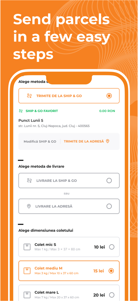 Cargus Mobile - A mobile interface for sending parcels showing shipping methods and package size selection in the Cargus app