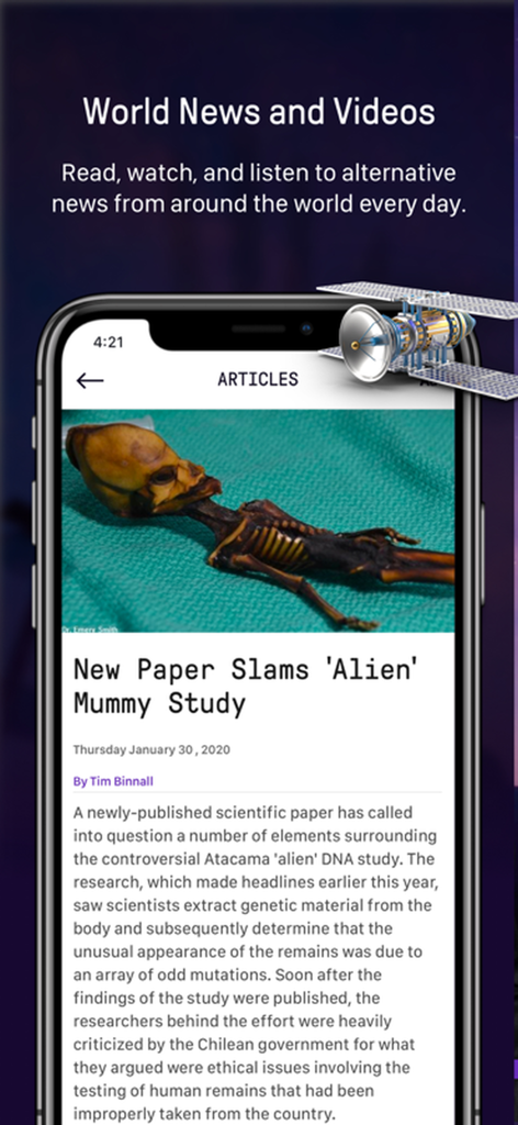 Pantalla de la aplicación Coast to Coast AM Insider que muestra un artículo sobre el estudio de una momia alienígena