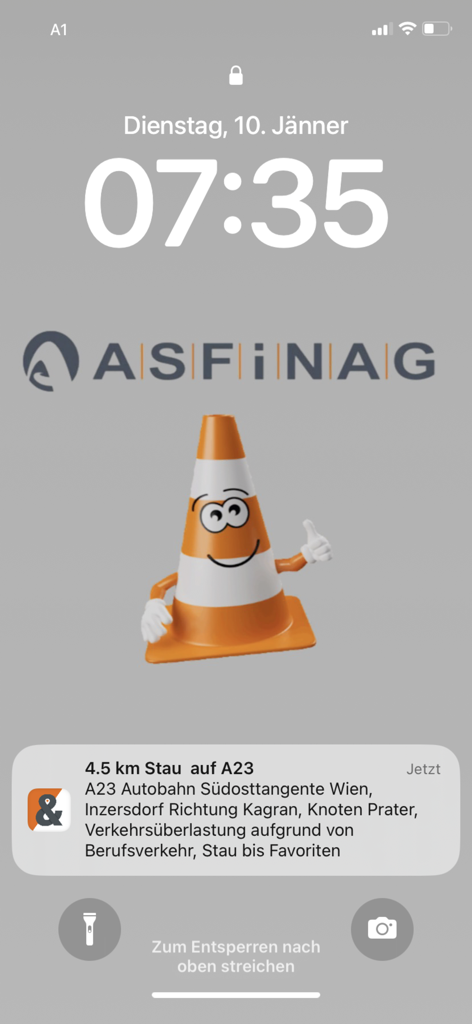 ASFINAG traffic alert notification on an iPhone lock screen