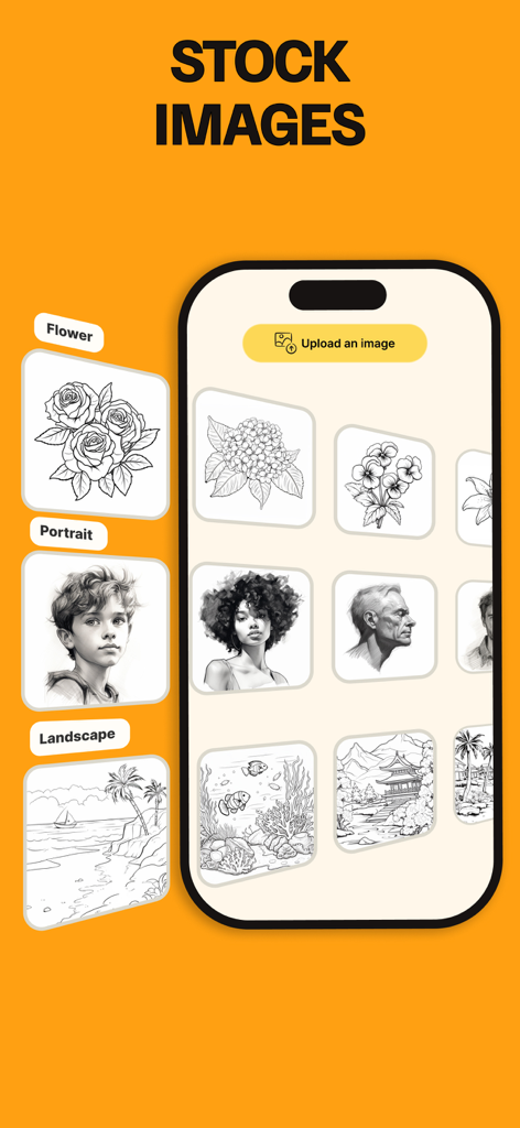 A smartphone interface displaying a library of categorized stock images including flowers portraits and landscapes for tracing.