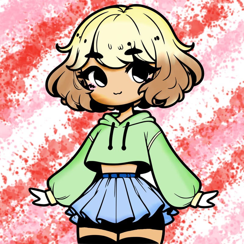 cute femboy with short, fluffy hair that softly frames their face, wearing a cropped hoodie, paired with a flouncy short skirt, and thigh-high stockings