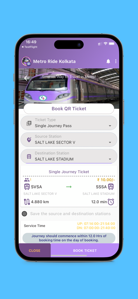 Aamar Kolkata Metro - Aamar Kolkata Metro app interface for booking a single journey QR ticket from Salt Lake Sector V to Salt Lake Stadium.