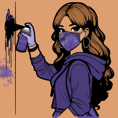 realistic girl with mask spray painting a wall