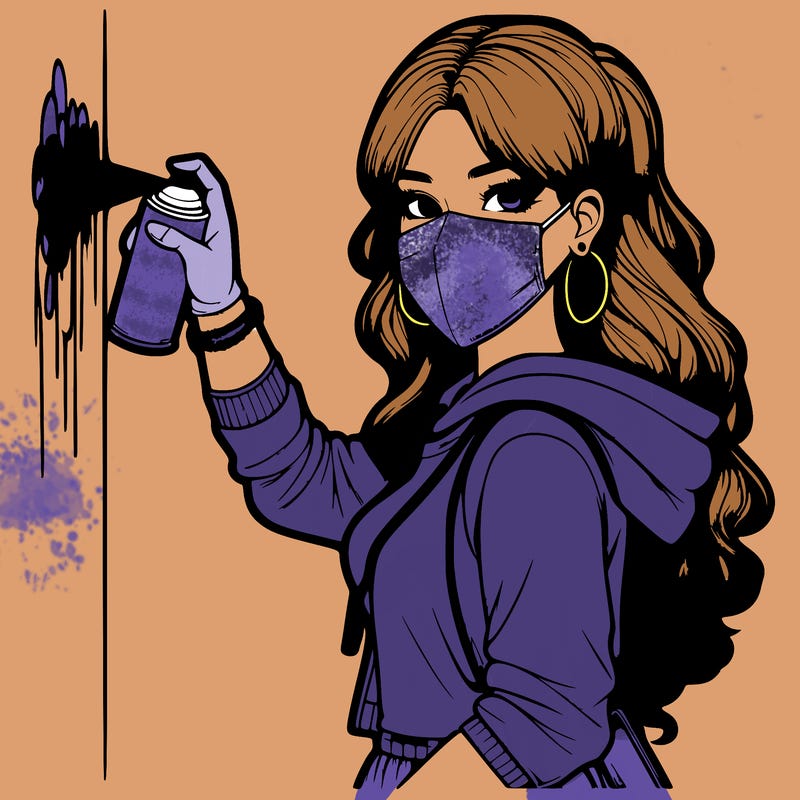 realistic girl with mask spray painting a wall