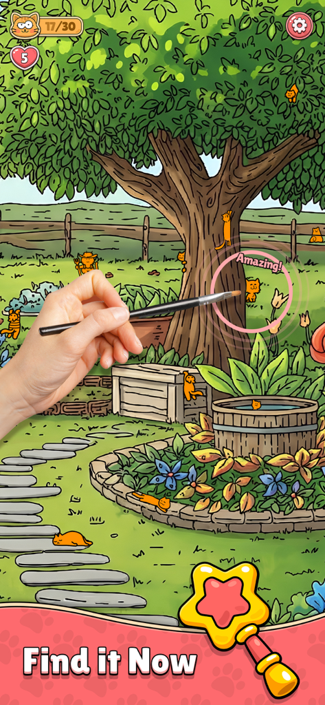 Find The Cat 2 - Spot It! - Uma cena de jardim desenhada à mão onde um jogador está encontrando gatos laranjas escondidos perto de uma árvore.