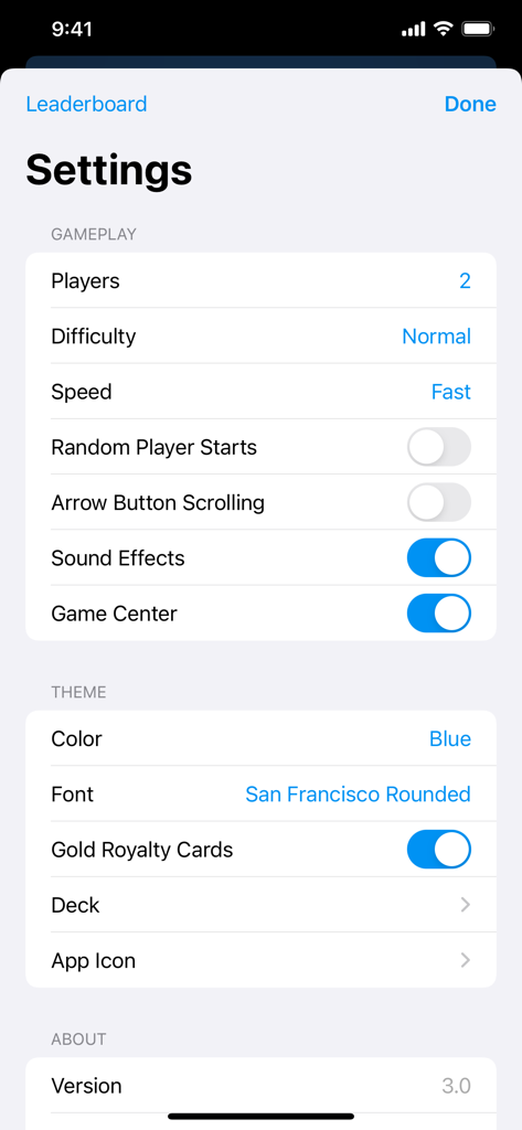 King's Corner - Settings screen for the King's Corner card game app showing options for gameplay difficulty, speed, and theme customization.