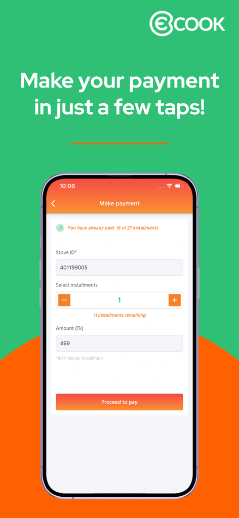 eCook mobile app interface for making stove installment payments.