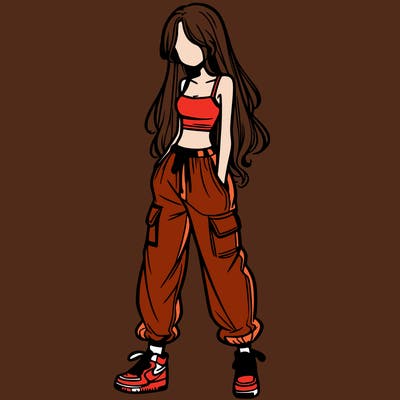 girl in baggy pants crop top and long hair