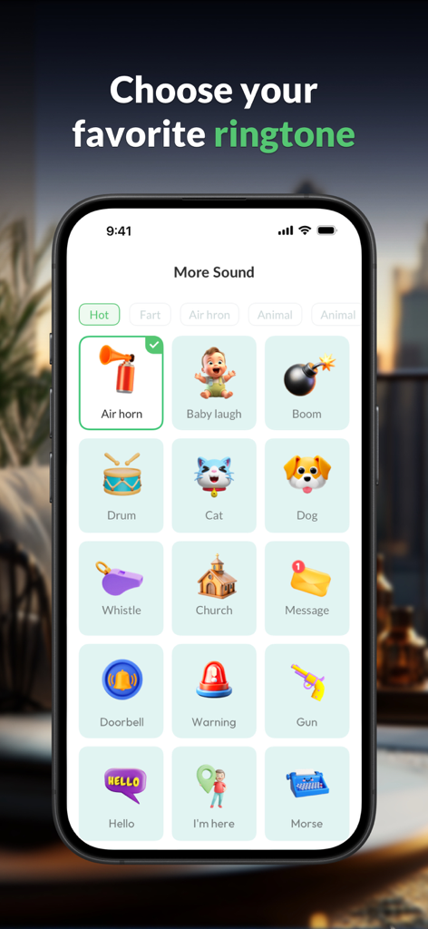 Whistle - Find phone by clap - A mobile app screen showing a variety of sound icons to choose as a ringtone for the phone finder utility
