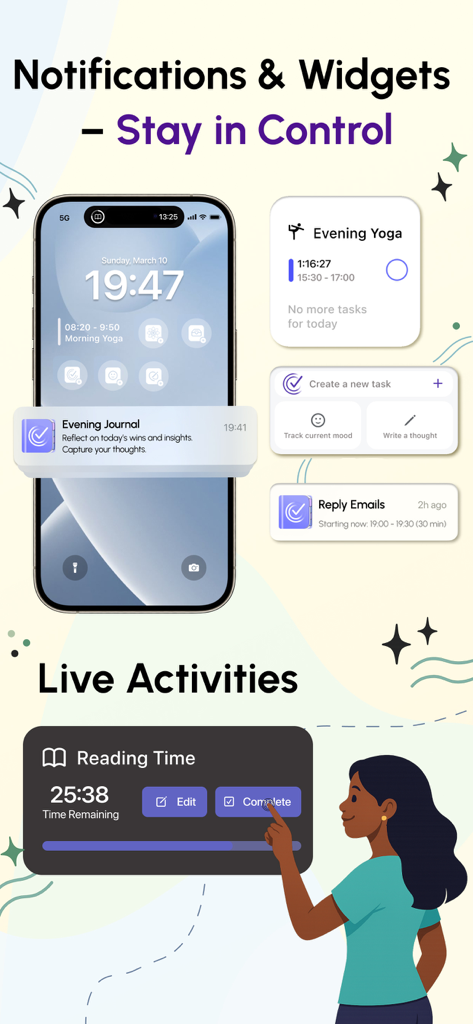 iPhone lock screen displaying Simplified app notifications, widgets, and live activities for tasks like yoga and reading time.