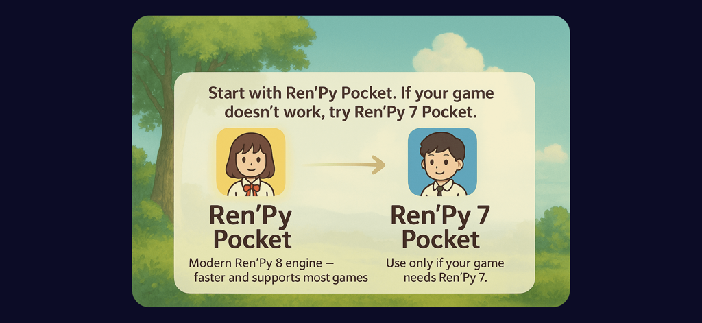 Renpy 7 Pocket - Infografía que compara Renpy Pocket para juegos con motor moderno y Renpy 7 Pocket para proyectos heredados