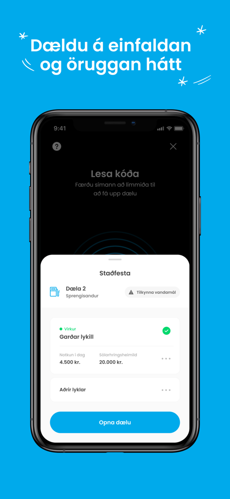 Atlantsolía - Atlantsolía mobile app interface showing a fuel pump confirmation screen with daily usage and limit details.