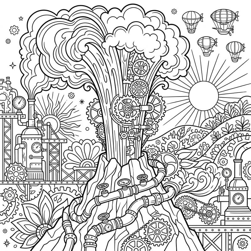 Dive into a fantastical blend of nature and machinery with this extraordinary Steampunk Geyser coloring page. Experience the thrill of a summer eruption reimagined with intricate gears and industrial charm.