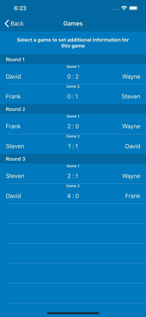 Tournament game results organized by rounds within the Custom League Tables mobile app.
