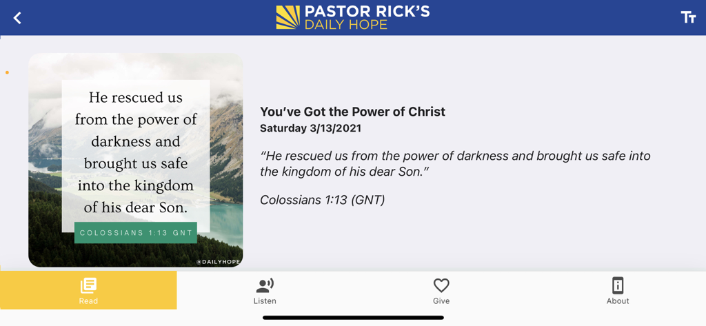 Daily Hope - Daily Hope app showing a devotional reading with the Bible verse Colossians 1:13