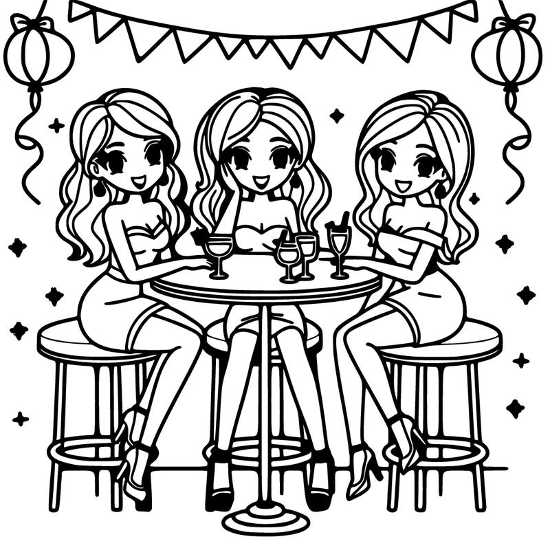 3 women gathered around a bar table in party dresses.