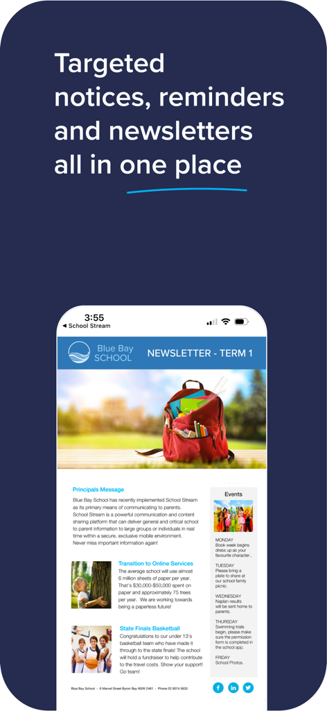 School Stream - School Stream app showing a digital school newsletter with notices and event reminders
