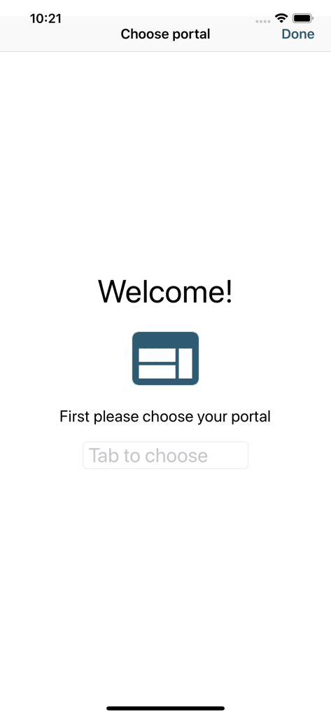 Willkommensbildschirm der manubu POS-App mit einem Dropdown-Menü zur Portalauswahl.