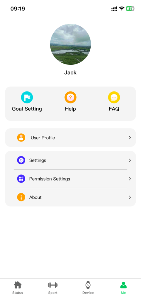 Shark Wearable - Shark Wearable app user profile screen showing settings help and goal options