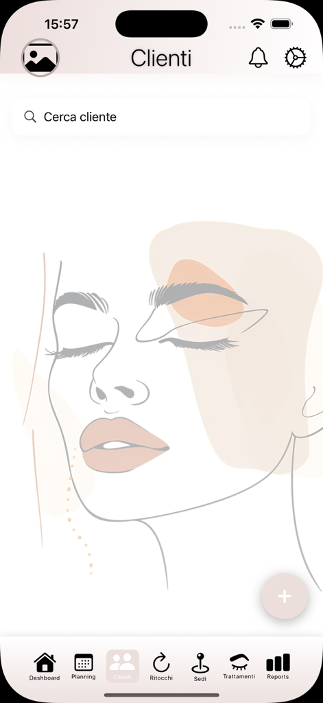 Interface de gestion des clients de l'application MyPMU avec un design artistique minimaliste.