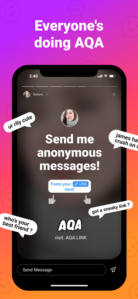 A mobile interface of the AQA app showing anonymous question bubbles and a link to share on social media stories