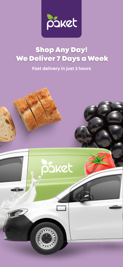 Paket MK - Paket MK Lieferwagen mit Lebensmitteln und einer Nachricht über 7-tägige Lieferung in 2 Stunden